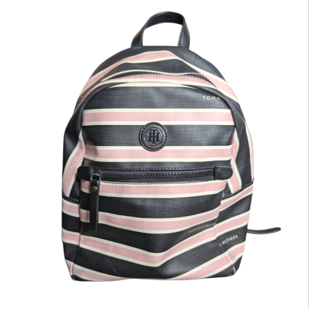Tommy Hilfiger Women's Black Pink Striped Faux Leather Small Backpack